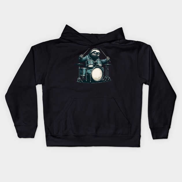 Drum set sloth drummer Kids Hoodie by TomFrontierArt